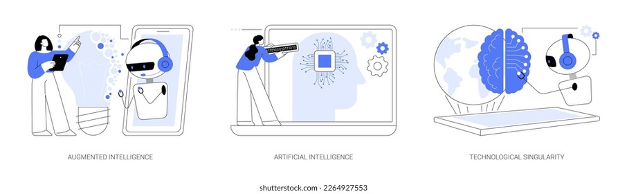 Conjunto de ilustraciones vectoriales de concepto abstracto de tecnología de punta. Inteligencia aumentada, robótica cognitiva artificial, singularidad tecnológica, alta tecnología, metáfora abstracta de aprendizaje automático.