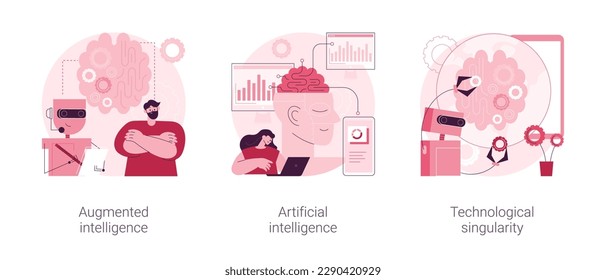 Conjunto de ilustraciones vectoriales de concepto abstracto de tecnología de punta. Inteligencia aumentada, robótica cognitiva artificial, singularidad tecnológica, alta tecnología, metáfora abstracta de aprendizaje automático.