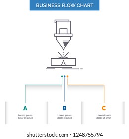 Cutting, engineering, fabrication, laser, steel Business Flow Chart Design with 3 Steps. Line Icon For Presentation Background Template Place for text