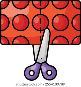 Cutting the Fabric with Sharp Shears concept, dotted print cotton sheet with scissor colorline vector, Bespoke tailoring symbol, custom measure clothing sign,Sew Tailor materials stock illustration