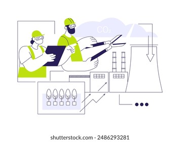 Abstrakte Konzept-Vektorillustration zur Reduzierung von Werksemissionen. Gruppe nachhaltiger Fabrikarbeiter diskutiert Kohlenstoffabscheidung, ökologische Umwelt, Emissionen reduzieren abstrakte Metapher.