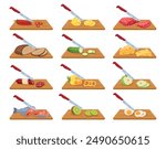 Cutting food on boards. Chopping vegetables and fruits. Meat slicing with knife. Wooden cut substrates. Ingredients preparation. Making salads process. Meal cooking