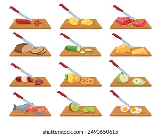 Cutting food on boards. Chopping vegetables and fruits. Meat slicing with knife. Wooden cut substrates. Ingredients preparation. Making salads process. Meal cooking