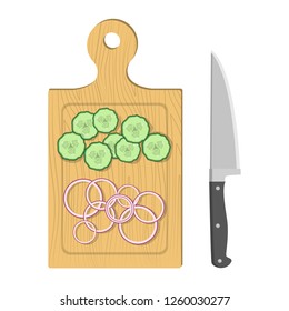 Cutting food on the wooden board with sharp knife. Fresh cucumber and onion slice. Prepare healthy meal on the kitchen. Isolated vector illustration