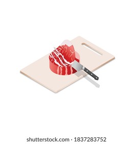Cutting up the fresh beef with a chef's knife.  Isometric view.