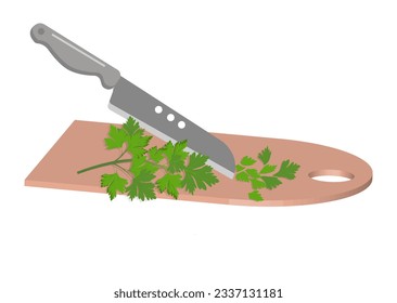 Cutting fresh green parsley with a knife on a salad board. Kitchen utensils 3D projection. Healthy vegetarian food, healthy nutrition.