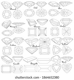 Cutting gems stones. Types of diamond cut. Four sides of jewelry with facets for background, carving and coloring.