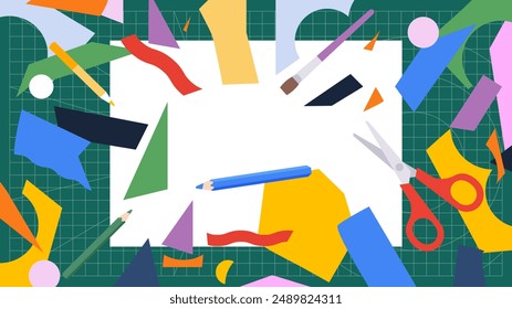 Cutting and gluing - paper craft materials on solid background. Scissors, colored paper, vibrant pencils, glue. DIY project, hand crafts, creative workspace, activities. Simple vector illustration