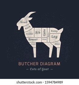 Cutting goat meat painted in a vector in a flat retro styles isolated against the background. For the butchers shop or restaurant menu.