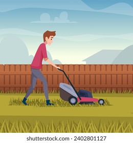 Cutting grass. Man working lawn mower cartoon background