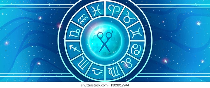 Cutting Hair by the Moon. Asrtology horizontal banner. Horoscope vector illustration on blue magic colors