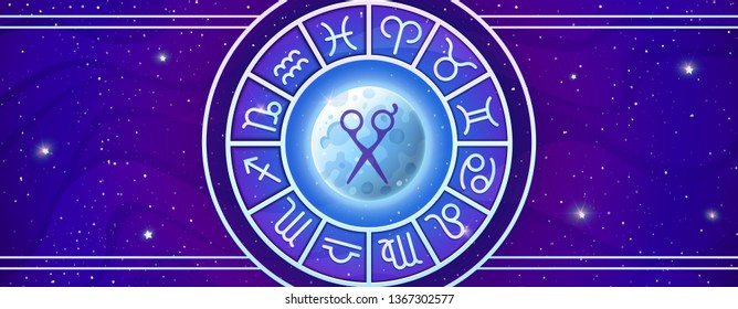 Cutting Hair by the Moon. Asrtology horizontal banner. Horoscope vector illustration on blue magic colors