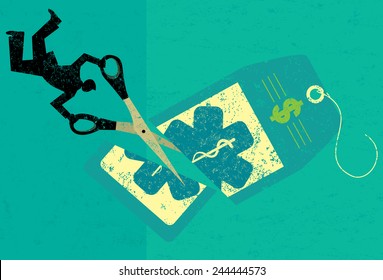 Cutting Health Care Costs A businessman cutting the high price of healthcare tag with large scissors over an abstract background. 