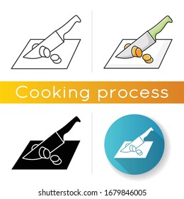Cutting icon. Linear black and RGB color styles. Meal preparation, culinary technique. Food cooking, dinner making. Knife slicing ingredient on wooden board isolated vector illustrations