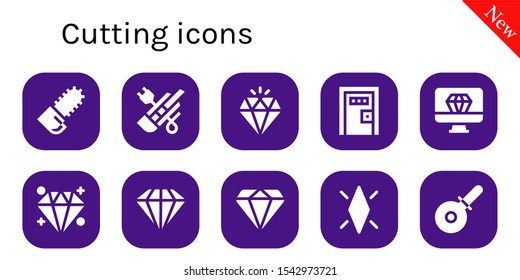 cutting icon set. 10 filled cutting icons.  Collection Of - Chainsaw, Cutter, Diamond, Death penalty, Pizza cutter icons