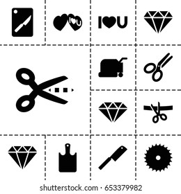 Cutting icon. set of 13 filled cuttingicons such as diamond, lawn mower, blade saw, i love you, scissors, chopping board and knife, chopping board, butcher knife, gem