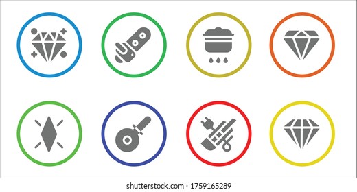 conjunto de iconos de corte. 8 iconos de corte rellenos.  Iconos modernos sencillos como: Diamante, Chainsaw, cortador de pizza, cocina, cortador