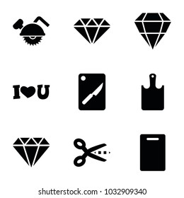 Cutting icons. set of 9 editable filled cutting icons such as cutting board, scissors, gem, chopping board and knife, chopping board, saw blade