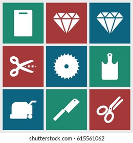 Cutting icons set. set of 9 cutting filled icons such as diamond, cutting board, lawn mower, blade saw, scissors, chopping board, butcher knife