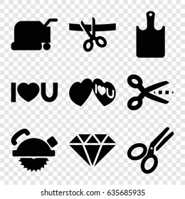 Cutting icons set. set of 9 cutting filled icons such as lawn mower, saw blade, i love you, scissors, chopping board, gem