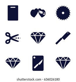 Cutting icons set. set of 9 cutting filled icons such as diamond, cutting board, blade saw, i love you, chopping board and knife, butcher knife, gem