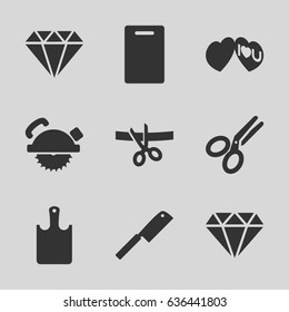 Cutting icons set. set of 9 filled icons such as diamond, cutting board, saw blade, i love you, scissors, chopping board, butcher knife, scissors and ribbon
