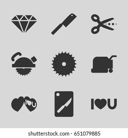 Cutting icons set. set of 9 cutting filled icons such as lawn mower, blade saw, saw blade, i love you, chopping board and knife, butcher knife, gem