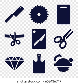 Cutting icons set. set of 9 cutting filled icons such as cutting board, blade saw, saw blade, scissors, chopping board and knife, chopping board, butcher knife, gem