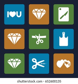 Cutting icons set. set of 9 cutting filled icons such as diamond, i love you, chopping board and knife, chopping board, gem, scissors and ribbon