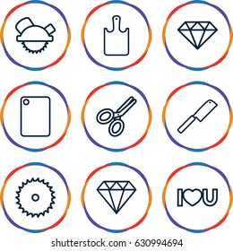 Cutting icons set. set of 9 cutting outline icons such as blade saw, saw blade, i love you, scissors, chopping board and knife, chopping board, butcher knife