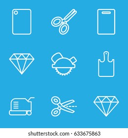 Cutting icons set. set of 9 cutting outline icons such as diamond, cutting board, lawn mower, saw blade, scissors, chopping board and knife, chopping board