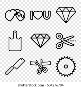 Cutting icons set. set of 9 cutting outline icons such as diamond, blade saw, i love you, chopping board, butcher knife, scissors, gem