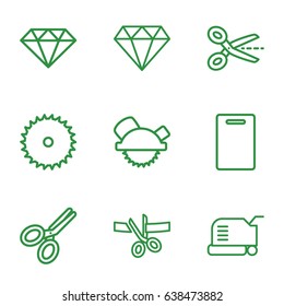 Cutting icons set. set of 9 cutting outline icons such as diamond, cutting board, lawn mower, blade saw, saw blade, scissors, gem