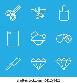 Cutting icons set. set of 9 cutting outline icons such as diamond, saw blade, i love you, scissors, chopping board and knife, chopping board, butcher knife
