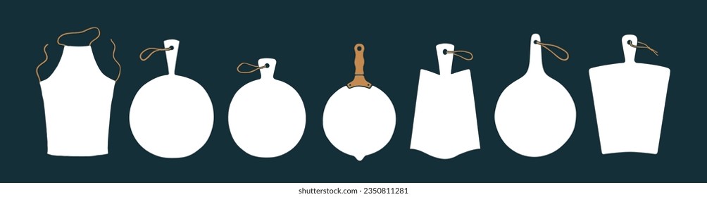 Cutting kitchen board collection. Kitchen design with set hand draw cutting board. Boards for serving dishes, sign, card, banner. Mockup of cutting board on kitchen for menu. Vector Illustration