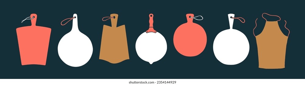 Colección de pizarra de cocina. Diseño de cocina con tablero de corte con tracción manual. Paneles para servir platos, letreros, tarjetas, pancartas. Montaje de la tabla de cortar en la cocina a la carta. Ilustración vectorial