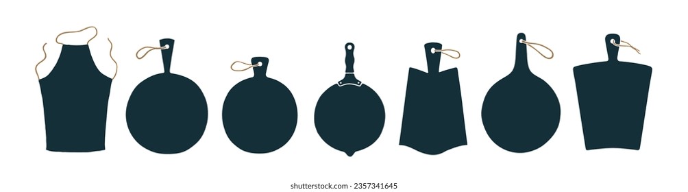 Cutting kitchen board collection. Kitchen design with set hand draw cutting board. Boards for serving dishes, sign, card, banner. Mockup of cutting board on kitchen for menu. Vector Illustration