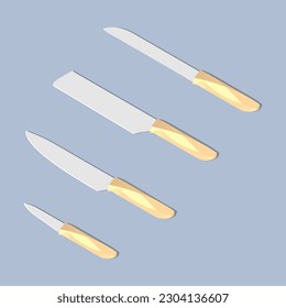 Cutting knife set. 3D isometric illustration. Cooking and eating tools. Isolated flat vector for presentation, infographic, website, apps, and other uses.