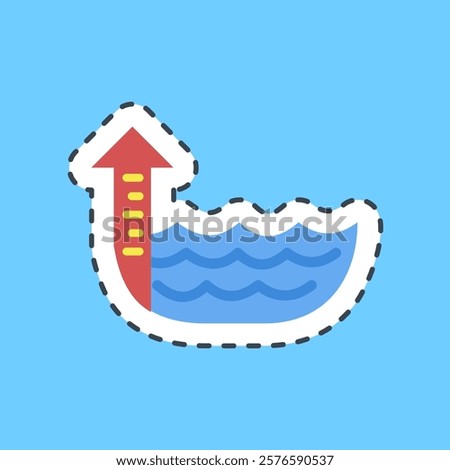 Cutting line sticker sea level rise. Global warming elements.