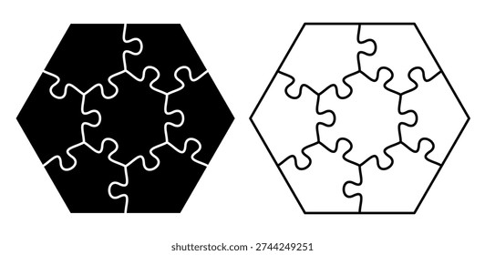 Cutting lines grid design jigsaw puzzle. Jigsaw puzzle blank template. 7 pieces. Editable stroke weight. Vector illustration.