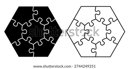 Cutting lines grid design jigsaw puzzle. Jigsaw puzzle blank template. 7 pieces. Editable stroke weight. Vector illustration.