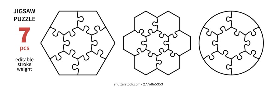 Cutting lines grid design for kids jigsaw puzzle. Jigsaw puzzle blank template. 7 pieces. Editable stroke weight. Vector illustration set.