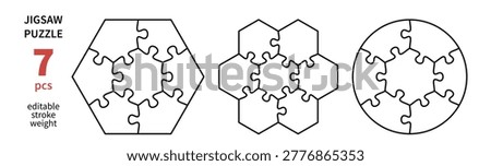 Cutting lines grid design for kids jigsaw puzzle. Jigsaw puzzle blank template. 7 pieces. Editable stroke weight. Vector illustration set.