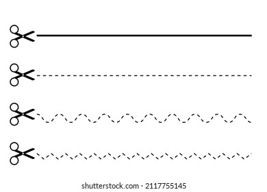 Cutting lines with scissors. Line art. Simple shape. Creative pattern. Curved dotted. Vector illustration. Stock image.