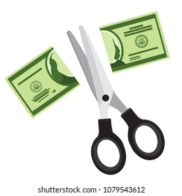 Cutting Or Lowering, Lower Price Concept. Scissors Cutting Money Bill In Half. Vector Illustration