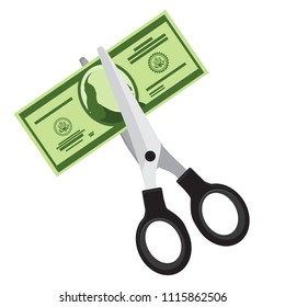 Cutting or lowering, lower price concept. Scissors cutting money bill in half. Vector illustration