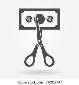 Cutting or lowering price concept icon. Scissors cutting money bill in half. Vector illustration