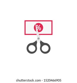 Cutting or lowering price concept. Scissors cutting money bill in half. Vector flat illustration.

