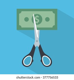 Cutting or lowering price concept. Scissors cutting money bill in half. Vector illustration in flat style