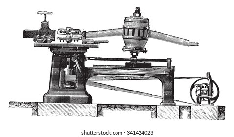Cortando piernas de la máquina y virutas, Elevación, ilustración vintage grabada. Enciclopedia industrial E.-O. Lami - 1875.